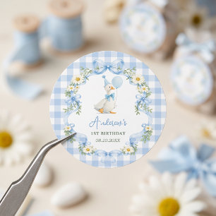 Silly Goose Blue Bow Birthday Classic Round Sticker
