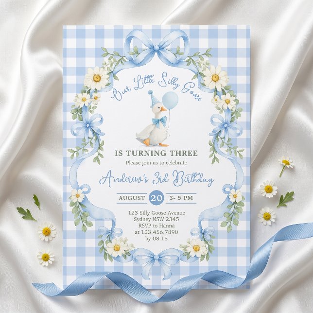 Silly Goose Blue Bow Birthday Invitation (Creator Uploaded)