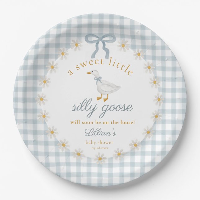 Silly Goose Blue Bow Daisy Gingham Baby Shower Paper Plate (Front)