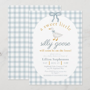 Silly Goose Blue Bow Duck Gingham Baby Shower Invitation