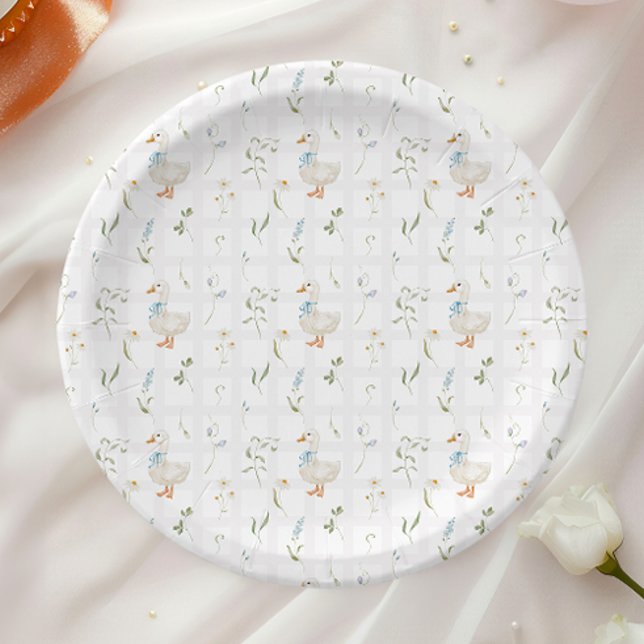 Silly Goose Blue Bow Floral Baby Shower Paper Plate (Creator Uploaded)