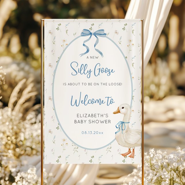 Silly Goose Blue Bow Floral Baby Shower Welcome Banner (Creator Uploaded)
