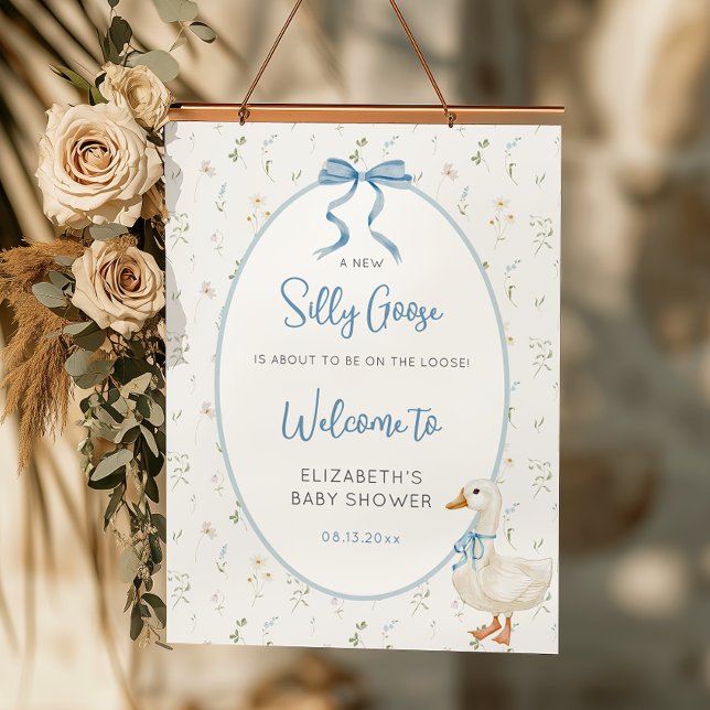 Silly Goose Blue Bow Floral Baby Shower Welcome Poster (Creator Uploaded)