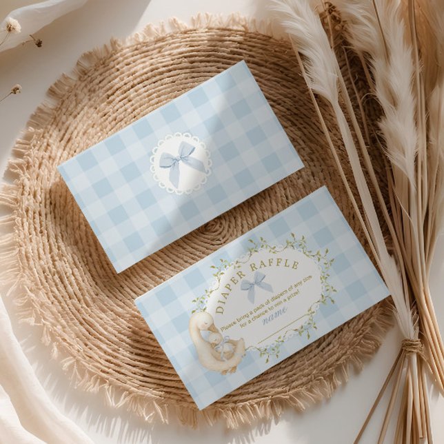 Silly Goose Blue Bow Gingham Diaper raffle ticket Enclosure Card (Creator Uploaded)