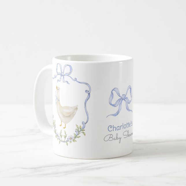 Silly Goose Blue Bow Whimsical Baby girl Shower Coffee Mug (Front Left)