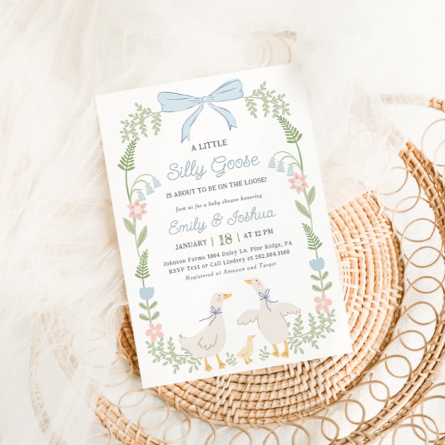 Silly Goose Blue Floral Baby Shower Invitation (Creator Uploaded)