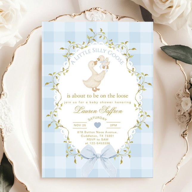 Silly Goose Blue Gingham Baby Boy Shower Invitation (Creator Uploaded)