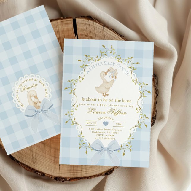 Silly Goose Blue Gingham Baby Boy Shower Invitation (Creator Uploaded)
