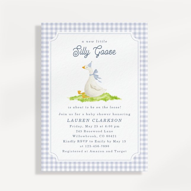 Silly Goose Blue Gingham Baby Shower Invitation (Creator Uploaded)