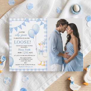 Silly Goose Blue Gingham Baby Shower Invitation