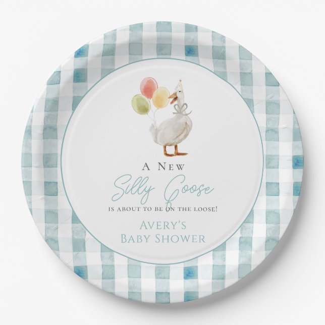 Silly Goose Blue Gingham Baby Shower Paper Plate (Front)
