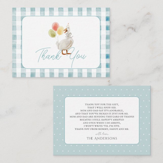 Silly Goose Blue Gingham Baby Shower Thank You Card (Front/Back)