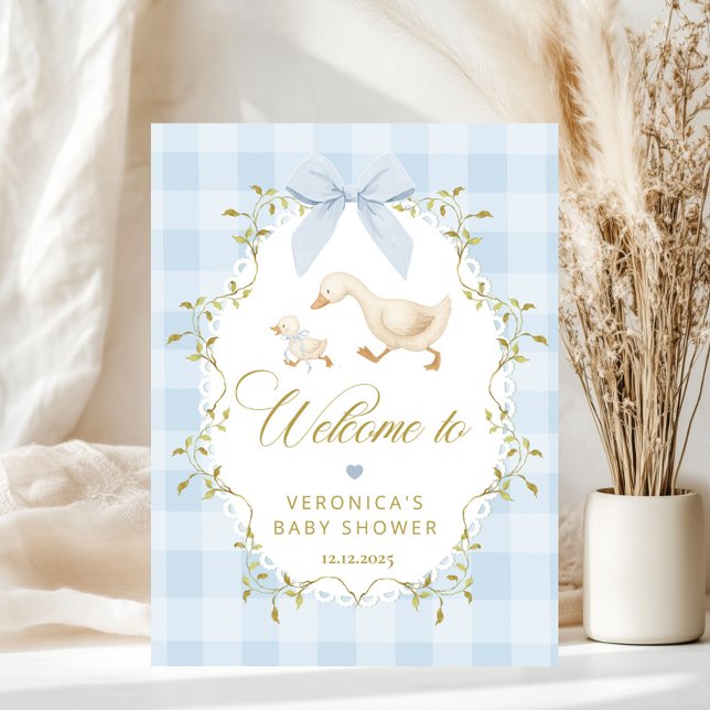 Silly Goose Blue Gingham Baby Shower Welcome Poster (Creator Uploaded)