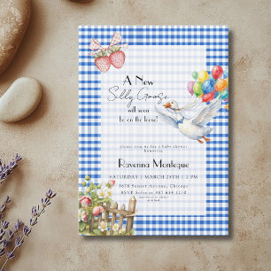 Silly Goose Blue Gingham Balloons Baby Shower Invitation