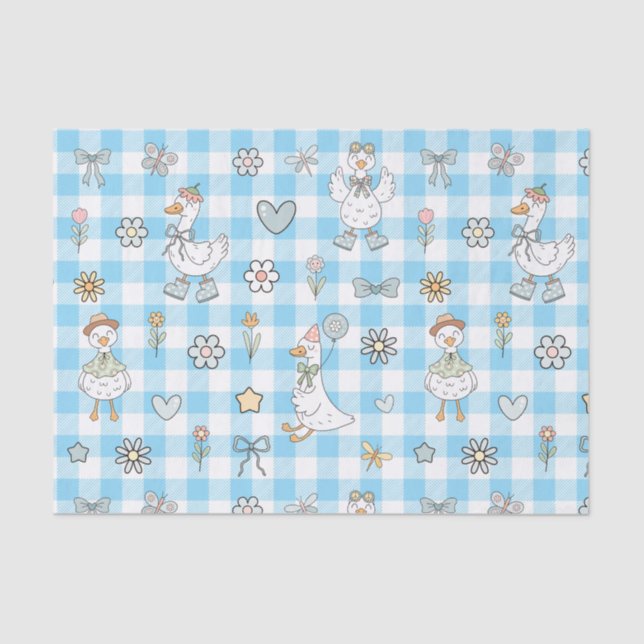 Silly Goose Blue Gingham Birthday Tissue Paper (Front)
