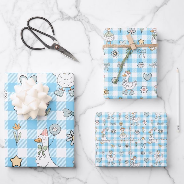 Silly Goose Blue Gingham Birthday Wrapping Paper Sheet (Front)