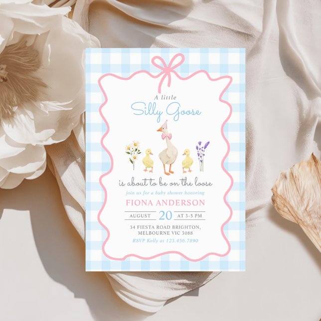 Silly Goose Blue Gingham Bow Duck Baby Shower Invitation (Creator Uploaded)
