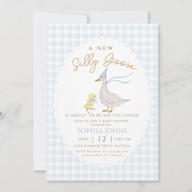Silly Goose Blue Gingham Bow Duck Boy Baby Shower  Invitation (Front)