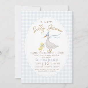 Silly Goose Blue Gingham Bow Duck Boy Baby Shower  Invitation
