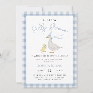 Silly Goose Blue Gingham Bow Duck Boy Baby Shower  Invitation