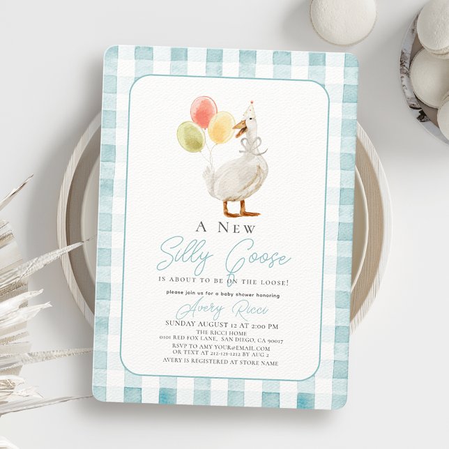 Silly Goose Blue Gingham Boy Baby Shower Invitation (Creator Uploaded)