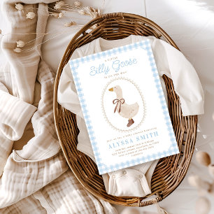 Silly Goose Blue Gingham Boy Baby Shower Invitation