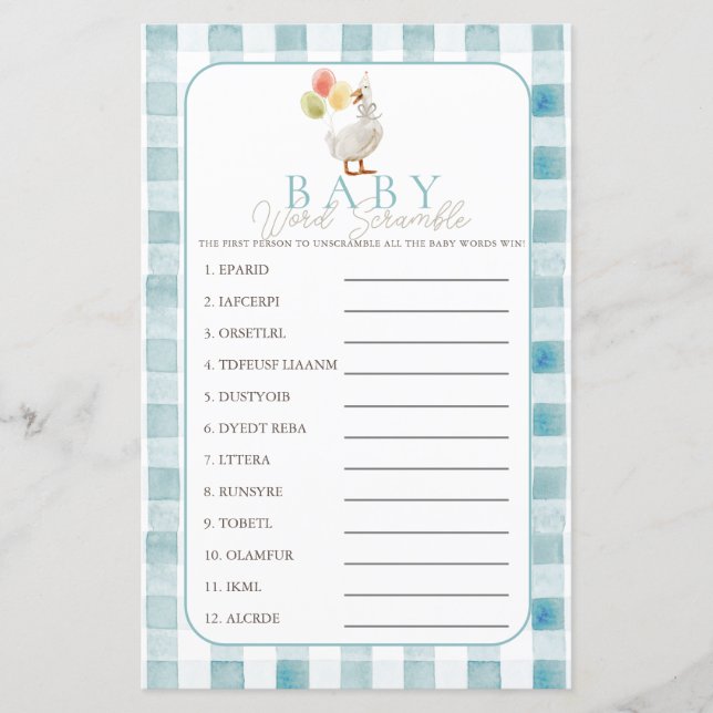 Silly Goose Blue Gingham Boy Baby Word Scramble (Front)