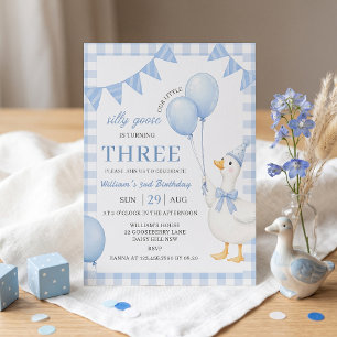Silly Goose Blue Gingham Boy Birthday Invitation