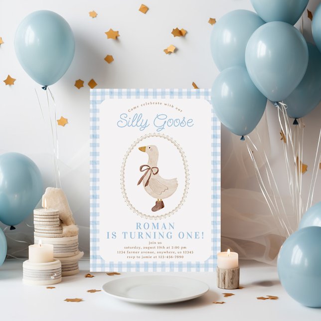 Silly Goose Blue Gingham Boy Birthday Invitation (Creator Uploaded)