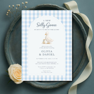 Silly Goose Blue Gingham Couples Baby Shower Invitation