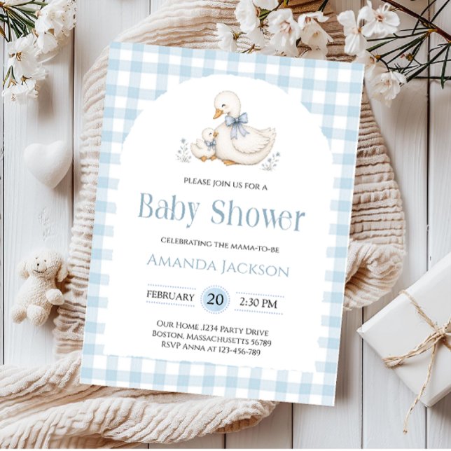 Silly Goose Blue Gingham Duck Baby Shower Invitation (Creator Uploaded)