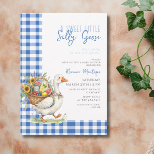 Silly Goose Blue Gingham Flower Baby Shower Invitation