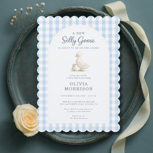 Silly Goose Blue Gingham Plaid Baby Shower Invitation