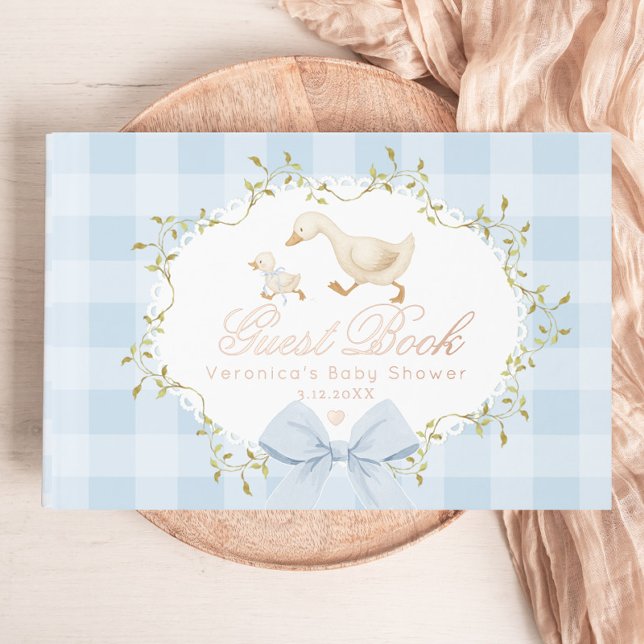 Silly Goose Blue Gingham Whimsical Baby Shower Guest Book (Creator Uploaded)