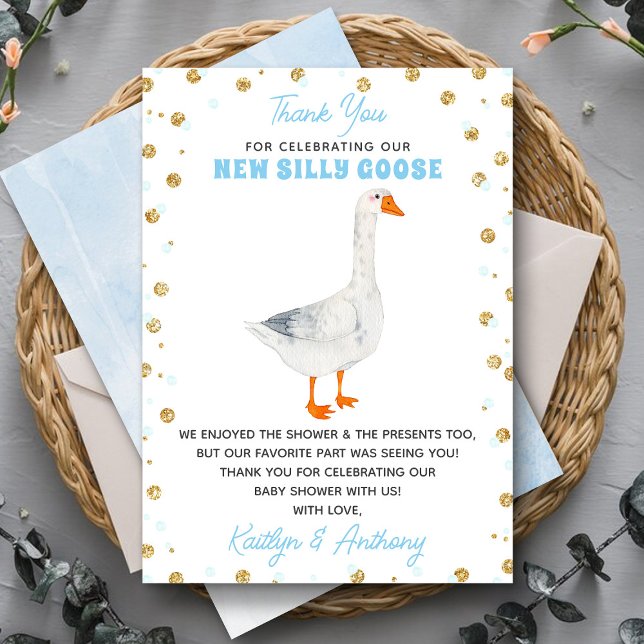Silly Goose Blue Watercolor Boys Baby Shower Thank You Card (Creator Uploaded)