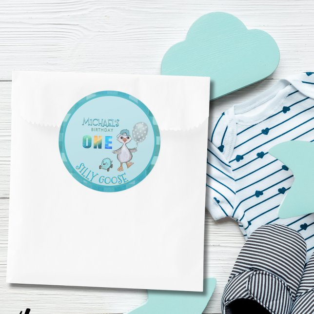 Silly Goose Boy's Blue Plaid Birthday  Classic Round Sticker (Silly Goose Boy's Blue Plaid Birthday Classic Round Sticker)