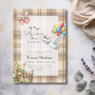 Silly Goose Brown Gingham Balloons Baby Shower Invitation