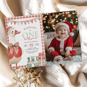 Silly Goose Christmas Gingham 1st Birthday Photo Invitation