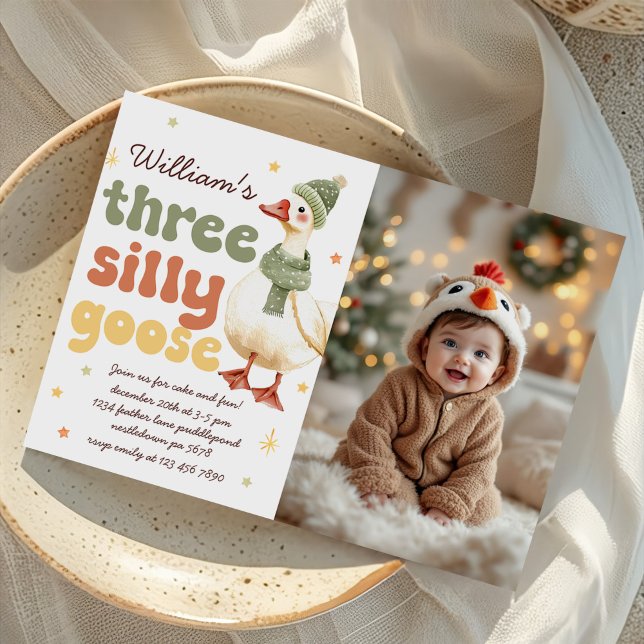 Silly Goose Christmas Green 3rd Birthday Photo Invitation (Creator Uploaded)