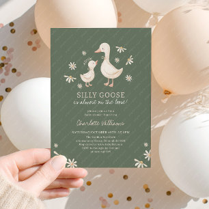 Silly Goose Dark Green Daisy Baby Shower Invitation