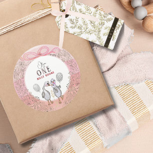 Silly Goose Family Pink & Bow 1st Birthday  Classic Round Sticker