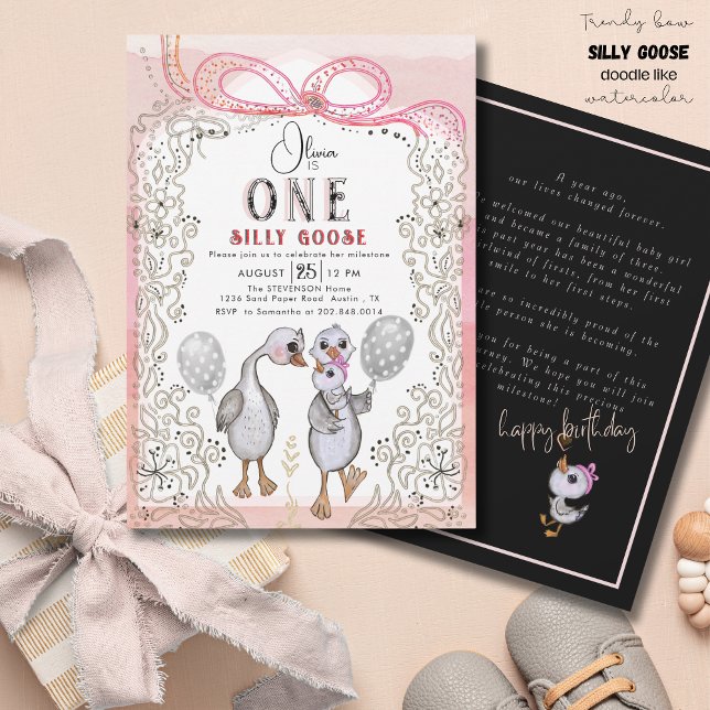 Silly Goose Family Pink & Bow 1st Birthday  Invitation (Silly Goose Family Pink & Bow 1st Birthday Invitation)