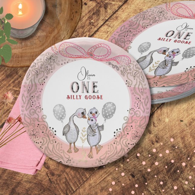 Silly Goose Family Pink & Bow 1st Birthday  Paper Plate (Silly Goose Family Pink & Bow 1st Birthday Paper Plates)