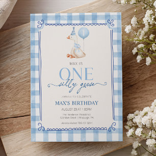 Silly Goose First Birthday Blue Gingham Boy  Invitation