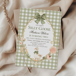 Silly Goose Floral Green Gingham Birthday Party Invitation