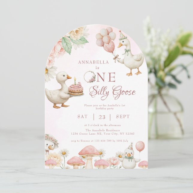 Silly Goose Flower Garden Mushroom 1st Birthday Invitation (Standing Front)