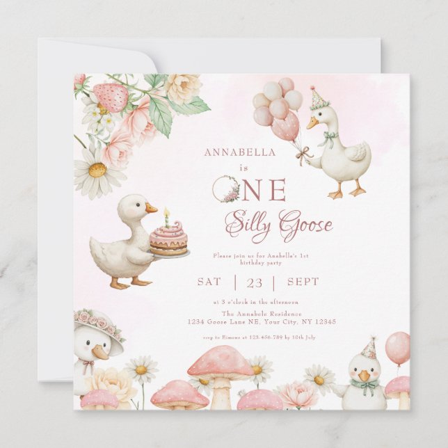 Silly Goose Flower Garden Mushroom 1st Birthday Invitation (Front)