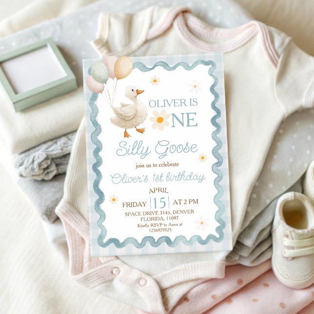 Silly Goose Gingham 1st Birthday Invitation (Creator Uploaded)