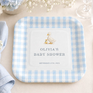 Silly Goose Gingham Blue Boy Baby Shower Party Paper Plate