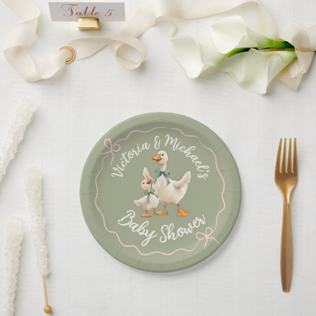 Silly Goose Gingham Bow Baby Shower Paper Plate (Wedding)